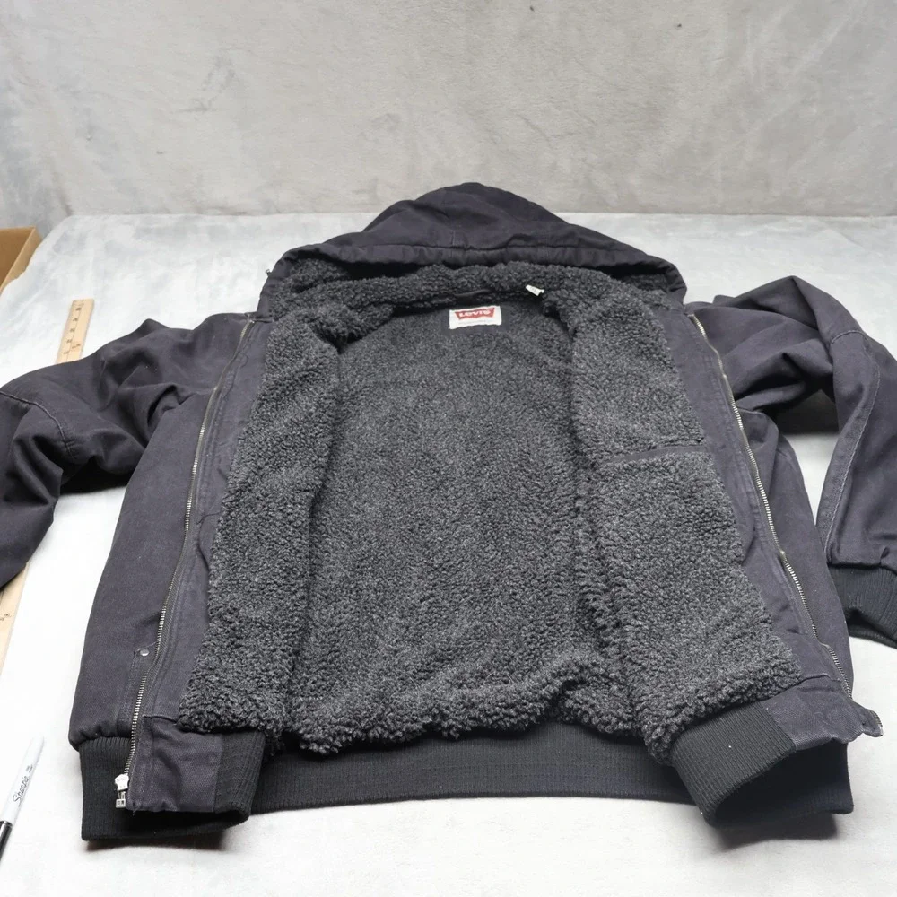 Levis Jacket Men XXL Black Canvas Sherpa Lined Hooded Rugged Work Field Full Zip